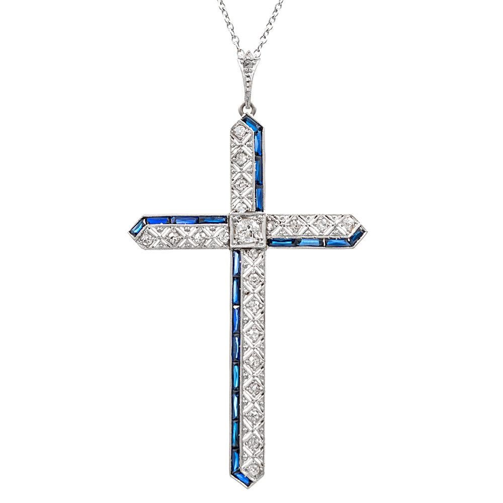 Edwardian Diamond and Synthetic Sapphire Cross Pendant For Sale