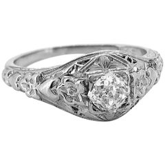 Edwardian Diamond Antique Engagement Ring .40 Carat Diamond 18 Karat White Gold