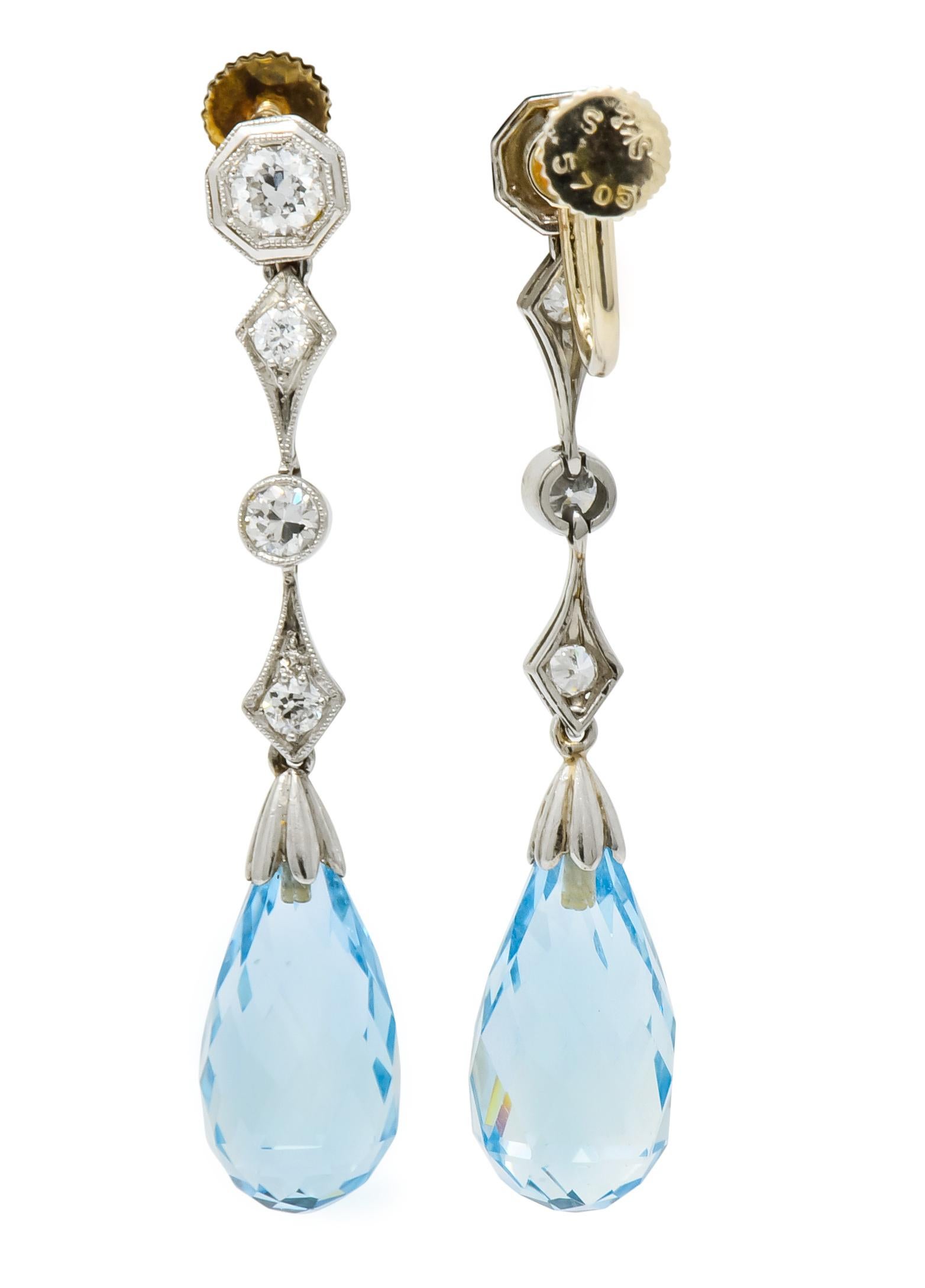 Edwardian Diamond Aquamarine Briolette Platinum Drop Earrings In Excellent Condition In Philadelphia, PA