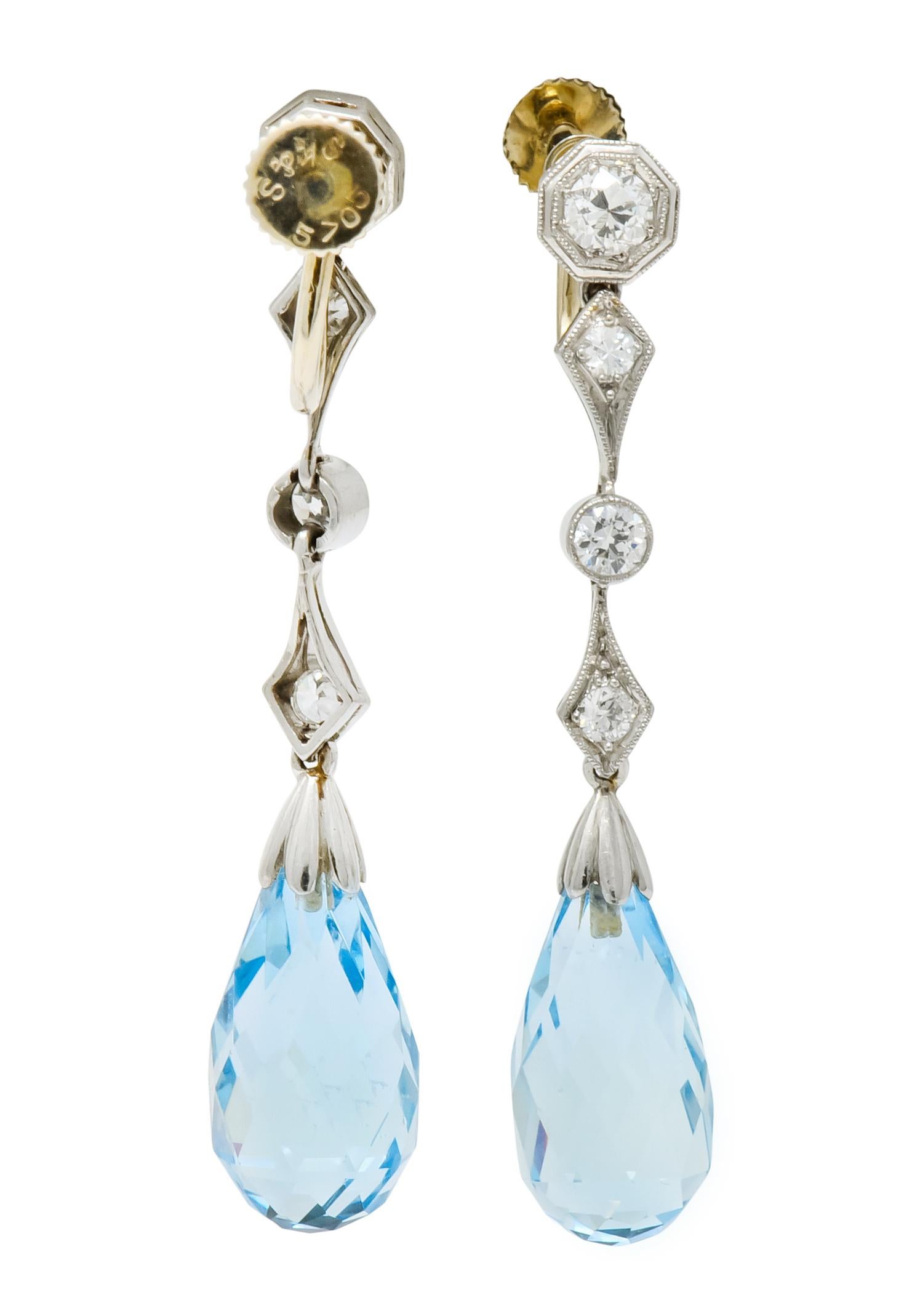 Women's or Men's Edwardian Diamond Aquamarine Briolette Platinum Drop Earrings