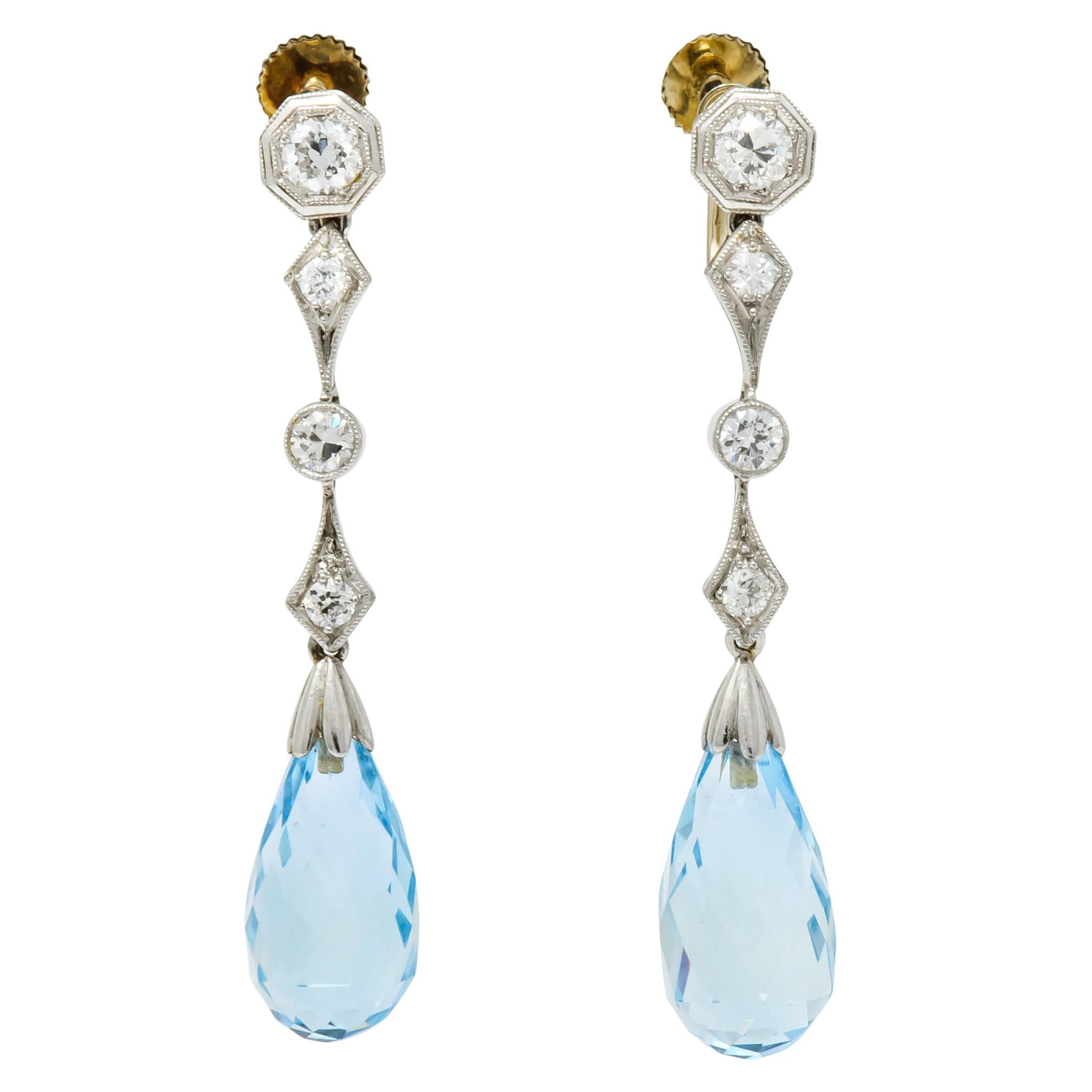 Edwardian Diamond Aquamarine Briolette Platinum Drop Earrings