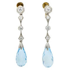 Edwardian Diamond Aquamarine Briolette Platinum Drop Earrings