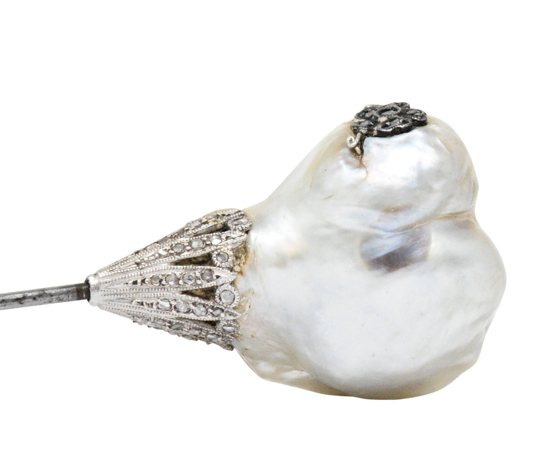 Edwardian Diamond Baroque Pearl Platinum Silver Jabot Stickpin In Excellent Condition In Philadelphia, PA