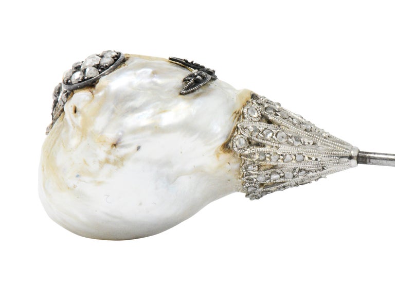 Edwardian Diamond Baroque Pearl Platinum Silver Jabot For Sale at 1stdibs