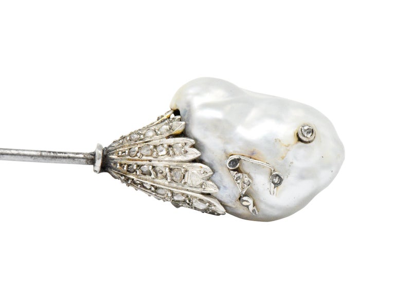 Edwardian Diamond Baroque Pearl Platinum Silver Jabot For Sale at 1stdibs
