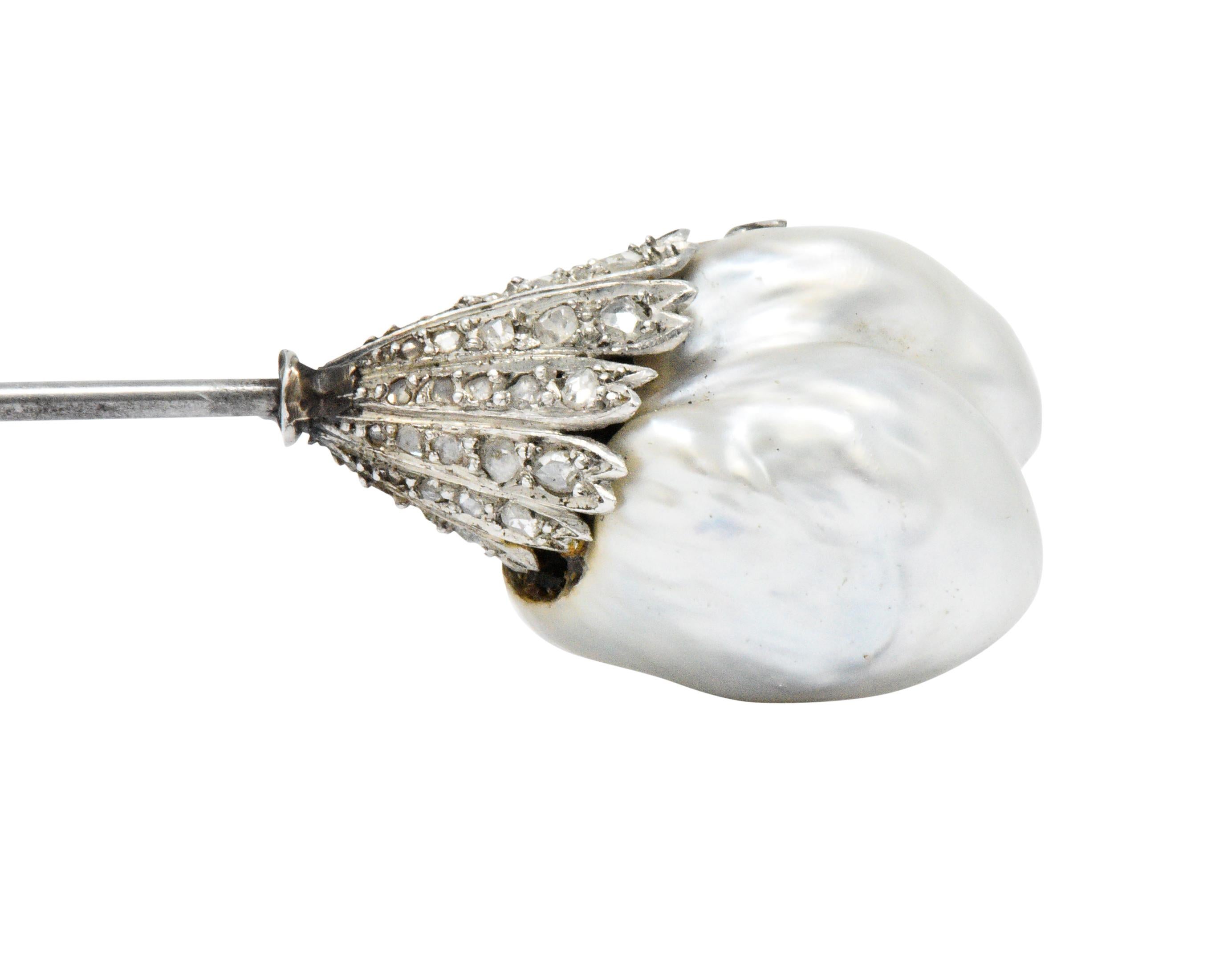 Edwardian Diamond Baroque Pearl Platinum Silver Jabot Stickpin 3