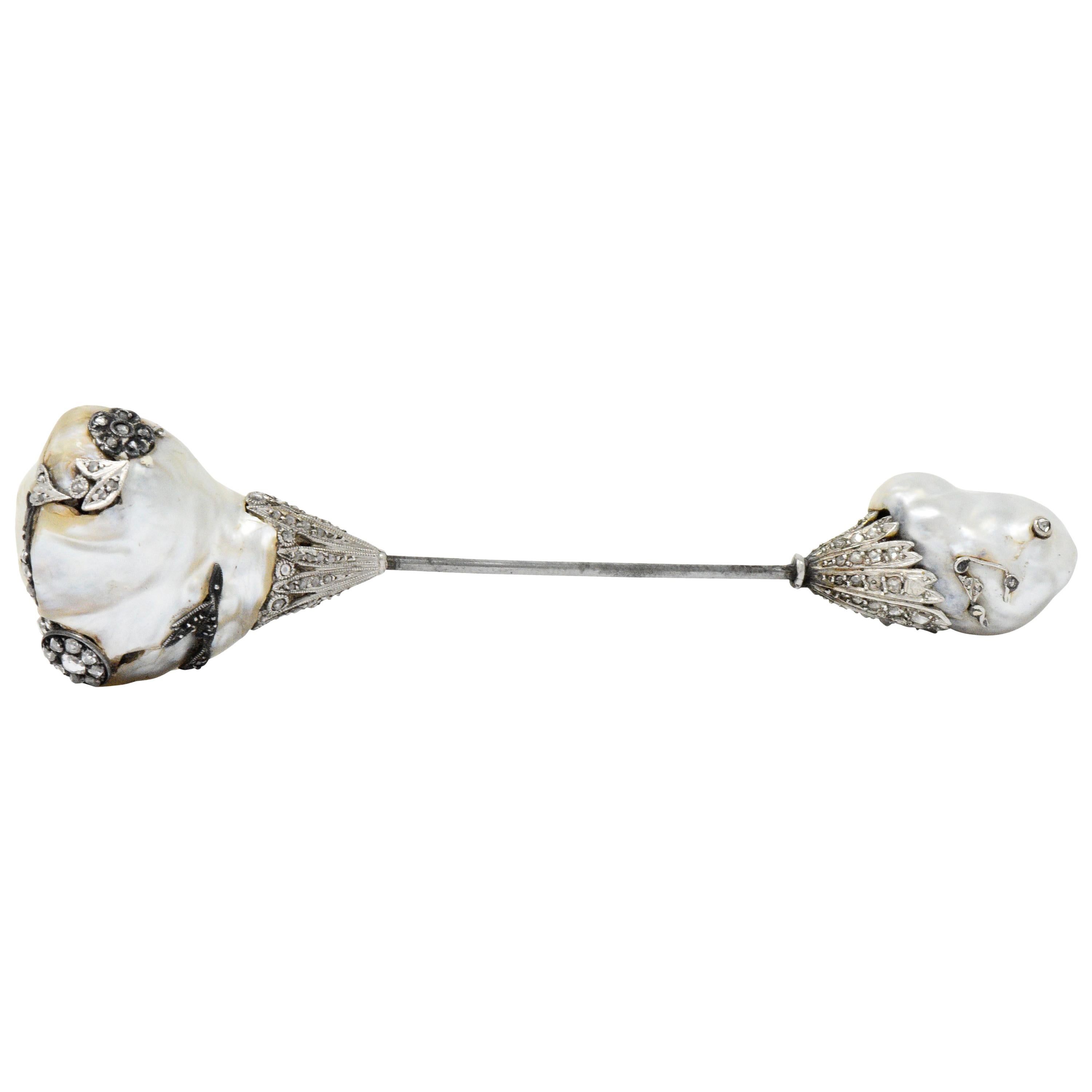 Edwardian Diamond Baroque Pearl Platinum Silver Jabot Stickpin
