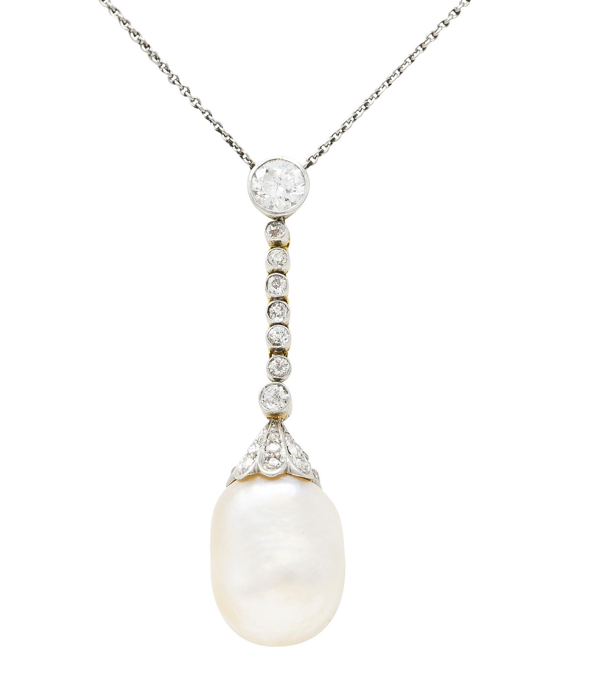 Edwardian Diamond Baroque Pearl Platinum-Topped 18 Karat Gold Drop Necklace 5