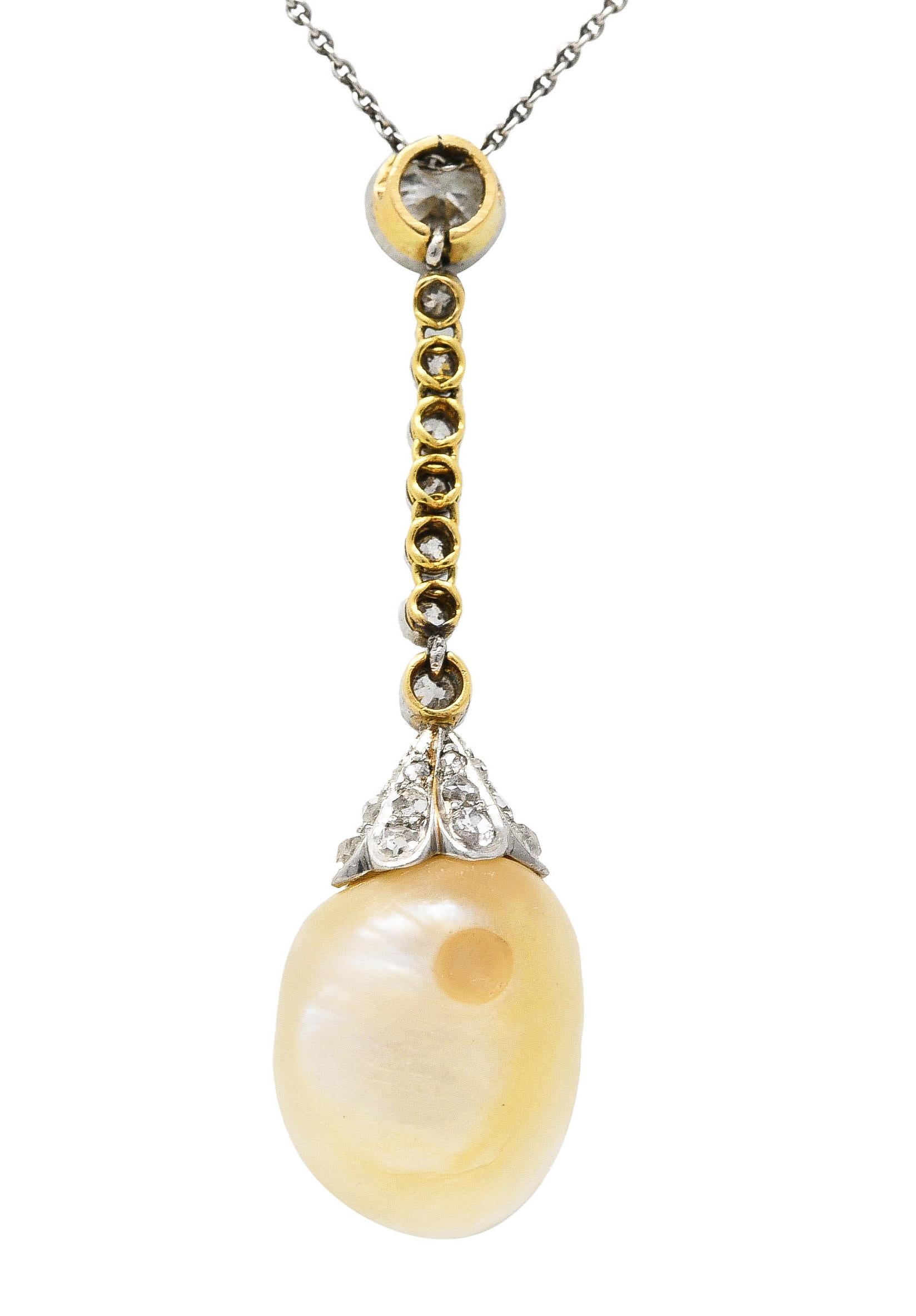Edwardian Diamond Baroque Pearl Platinum-Topped 18 Karat Gold Drop Necklace In Excellent Condition In Philadelphia, PA
