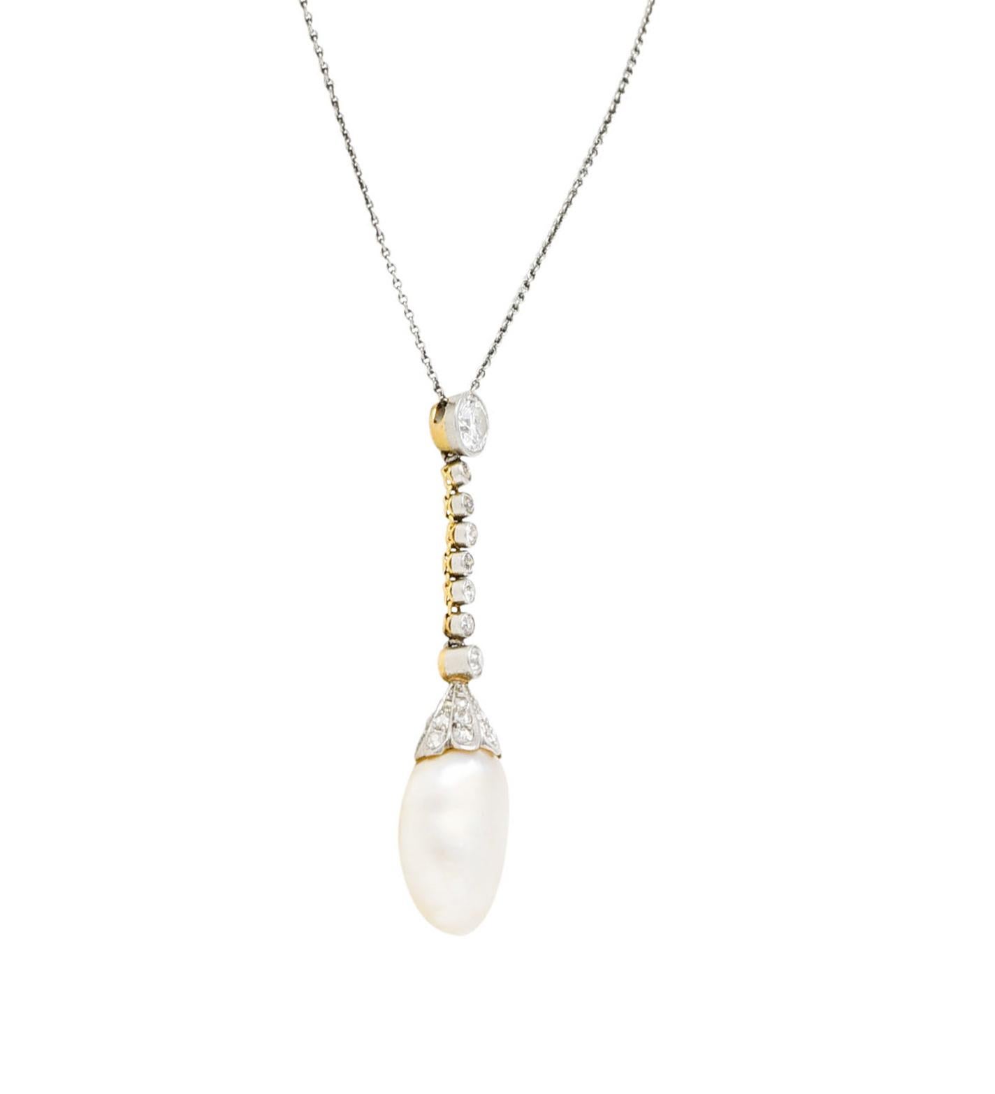 Women's or Men's Edwardian Diamond Baroque Pearl Platinum-Topped 18 Karat Gold Drop Necklace