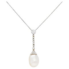 Edwardian Diamond Baroque Pearl Platinum-Topped 18 Karat Gold Drop Necklace