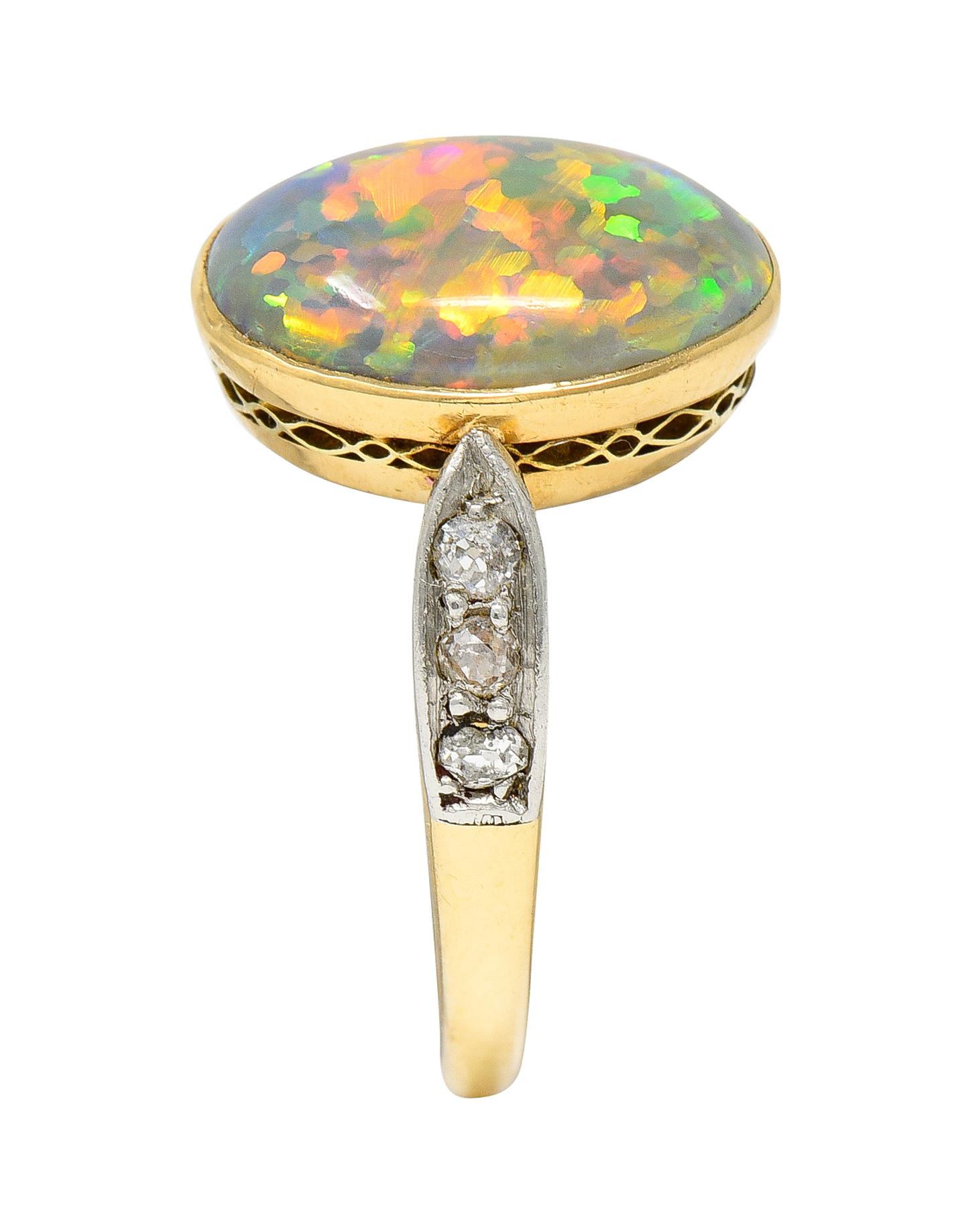 Edwardian Diamond Black Opal Platinum-Topped 18 Karat Yellow Gold Ring 5