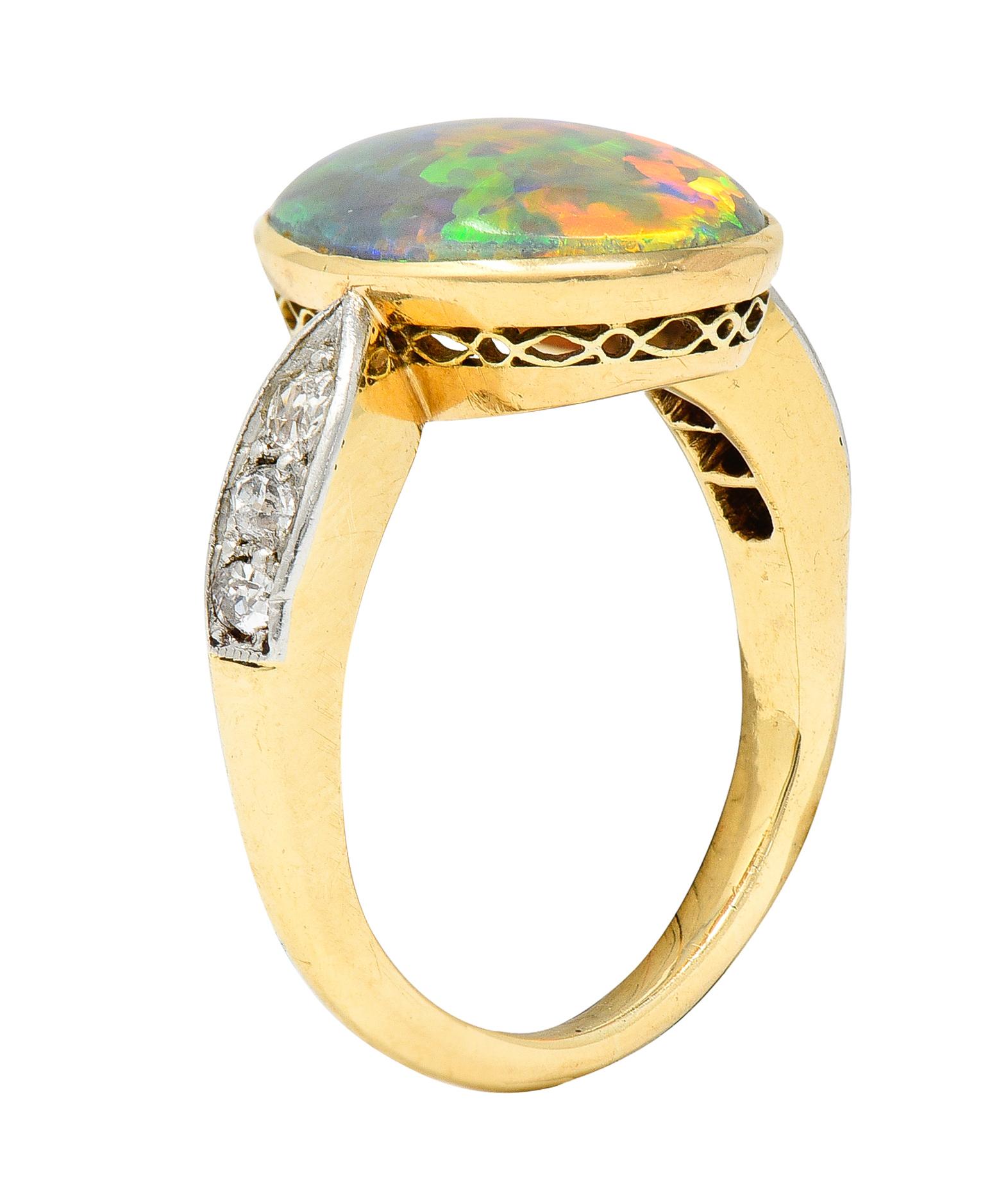 Edwardian Diamond Black Opal Platinum-Topped 18 Karat Yellow Gold Ring 6