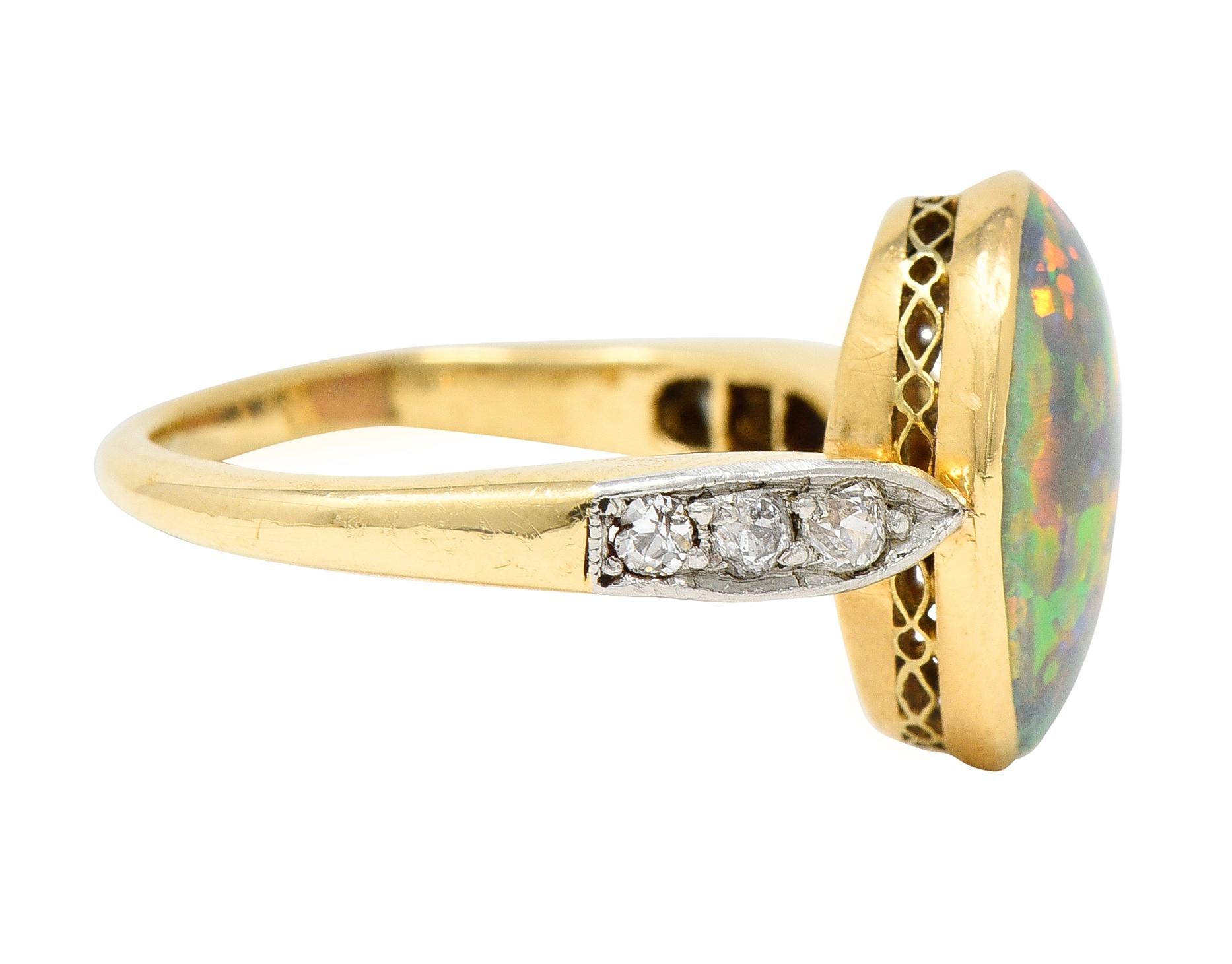 Cabochon Edwardian Diamond Black Opal Platinum-Topped 18 Karat Yellow Gold Ring