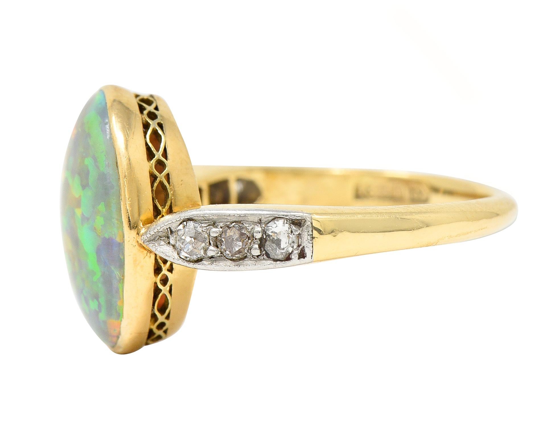 Women's or Men's Edwardian Diamond Black Opal Platinum-Topped 18 Karat Yellow Gold Ring