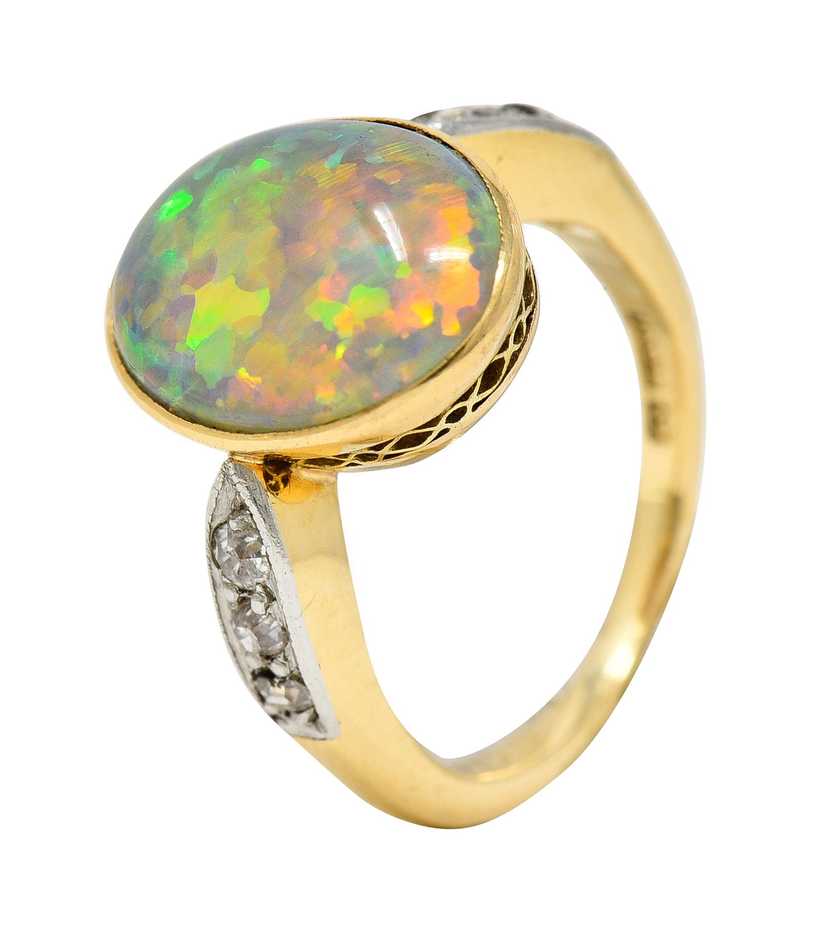 Edwardian Diamond Black Opal Platinum-Topped 18 Karat Yellow Gold Ring 3