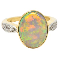 Antique Edwardian Diamond Black Opal Platinum-Topped 18 Karat Yellow Gold Ring