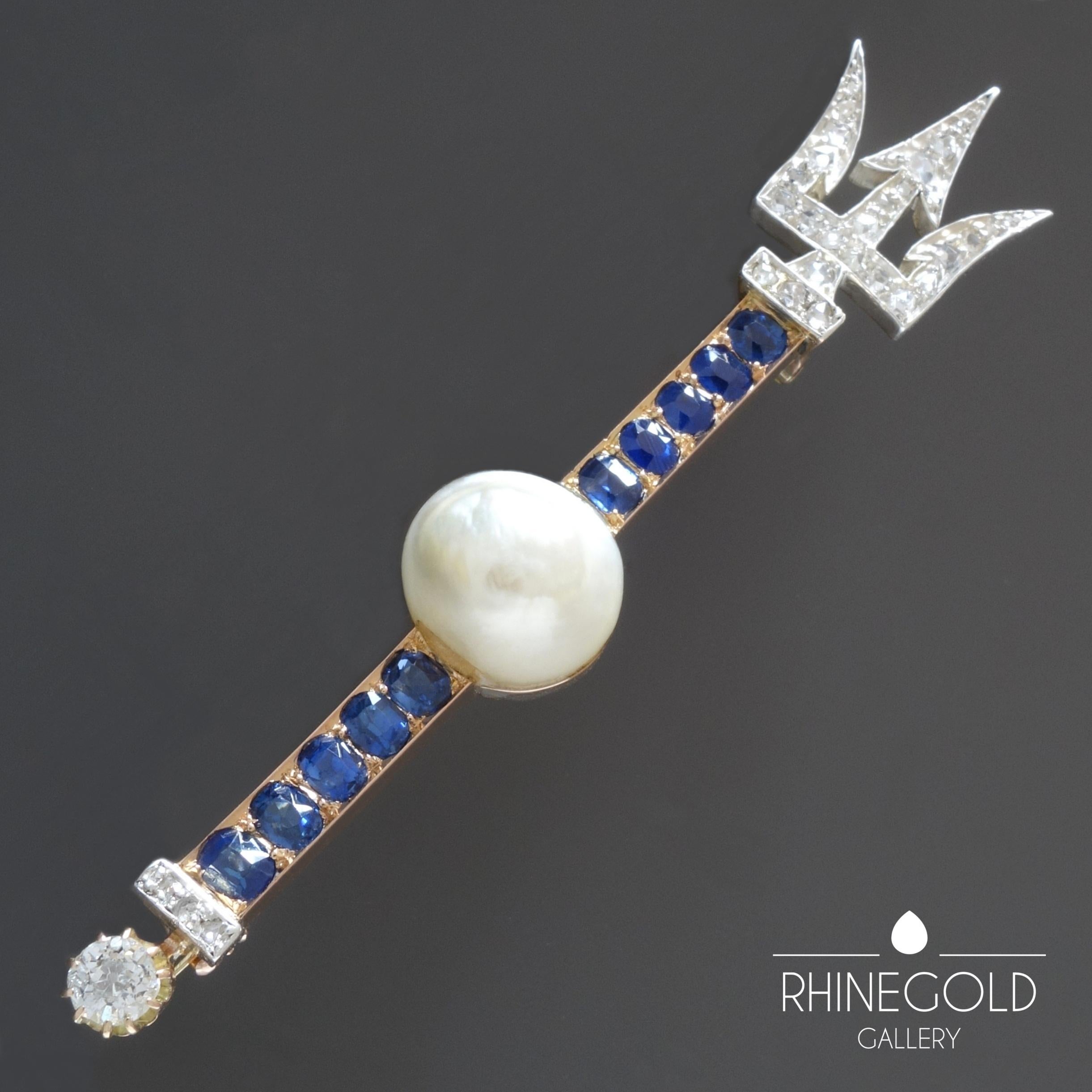 Old European Cut Edwardian Diamond Blue Sapphire Natural Blister Pearl Nautical Trident Brooch For Sale