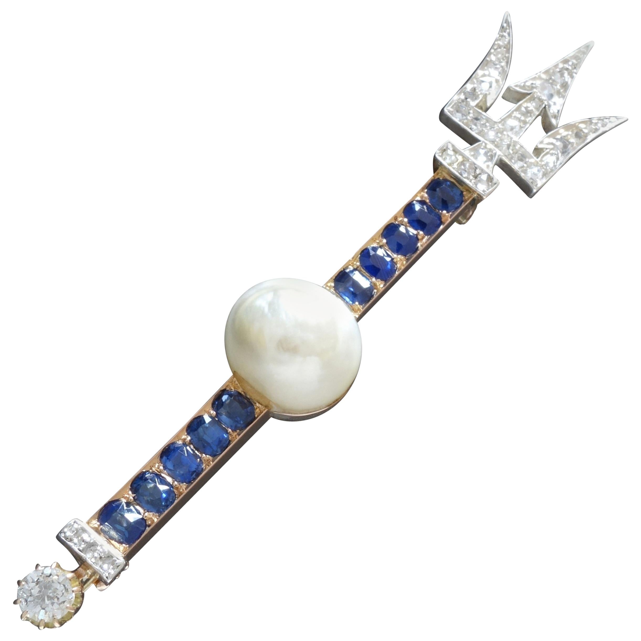 Edwardian Diamond Blue Sapphire Natural Blister Pearl Nautical Trident Brooch For Sale