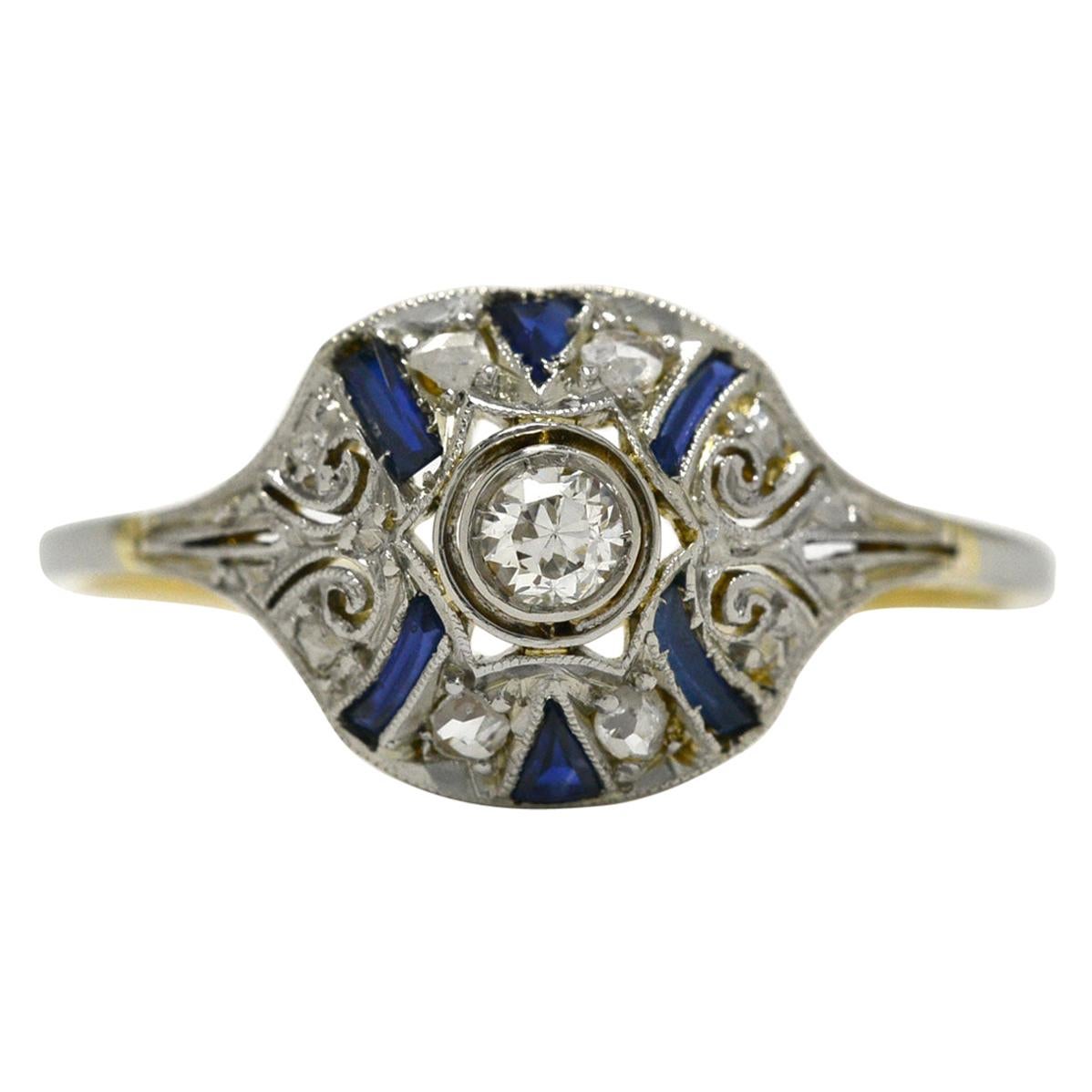 Edwardian Diamond Blue Sapphire Stripe Filigree Platinum Antique Engagement Ring