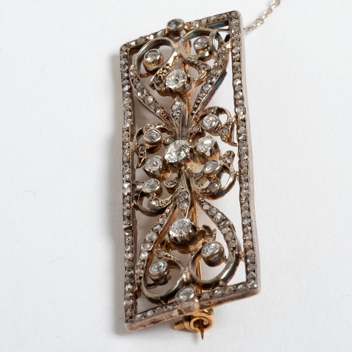 This exquisite Edwardian diamond brooch is set in 18K white gold and is dated circa 1910. With keeper, this rare piece measures 50mm in length . A unique and collectable jewellery item.