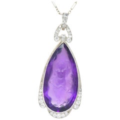 Edwardian Diamond Carved Amethyst Cameo Platinum Pendant Necklace