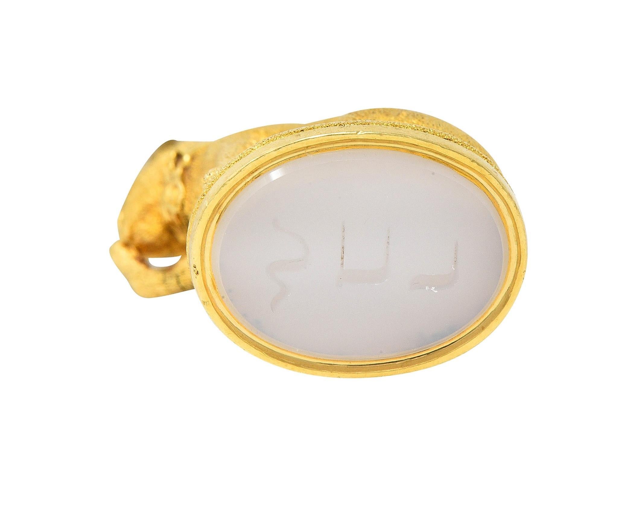 Edwardian Diamond Chalcedony 18 Karat Gold Antique Cat Intaglio Fob Pendant 1