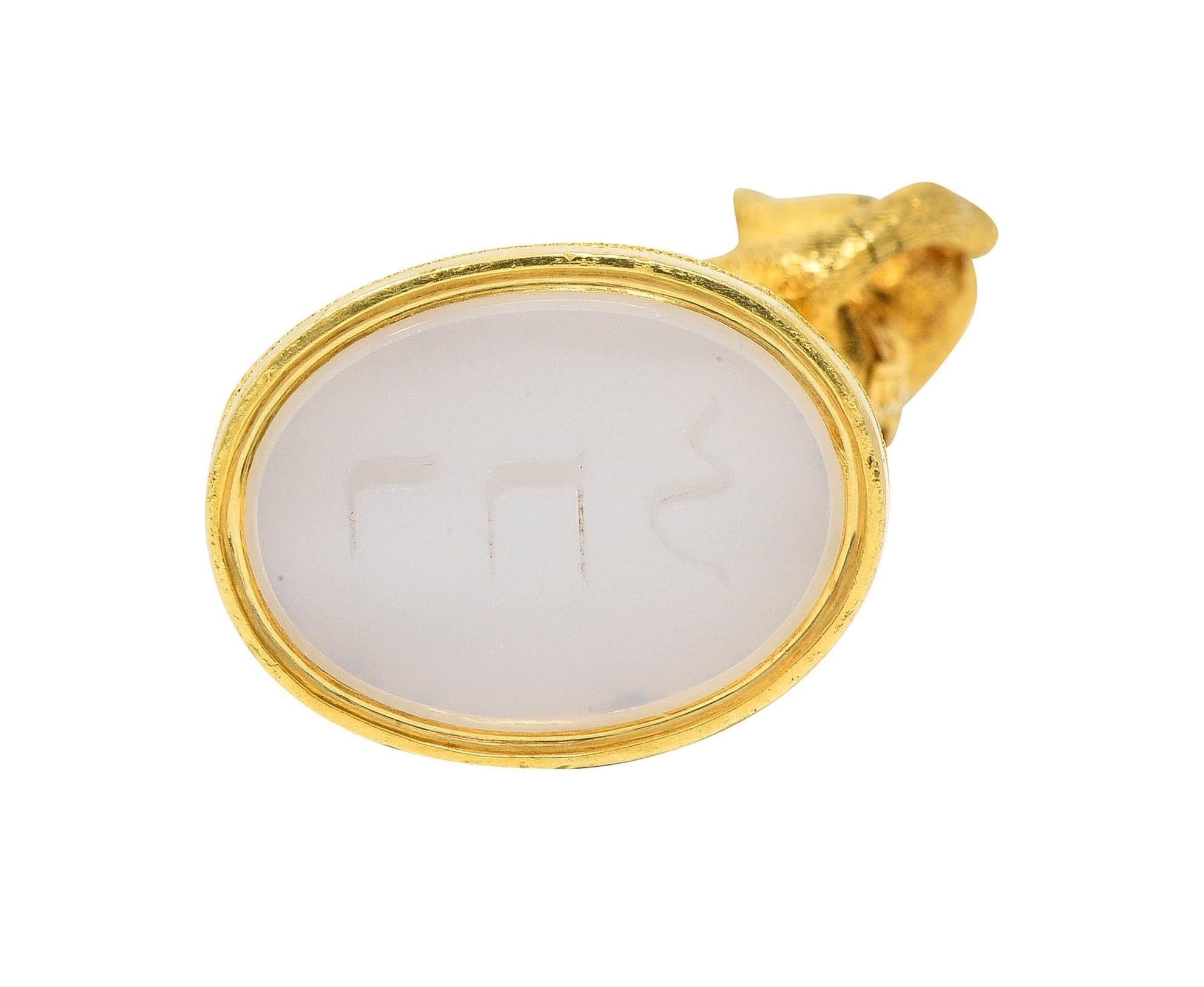 Edwardian Diamond Chalcedony 18 Karat Gold Antique Cat Intaglio Fob Pendant 4