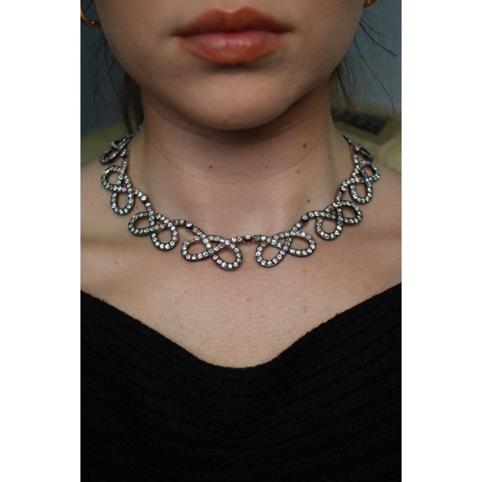 Old Mine Cut Edwardian Diamond Choker Necklace Silver Topped Gold Infinity Link ~31.9ctw For Sale