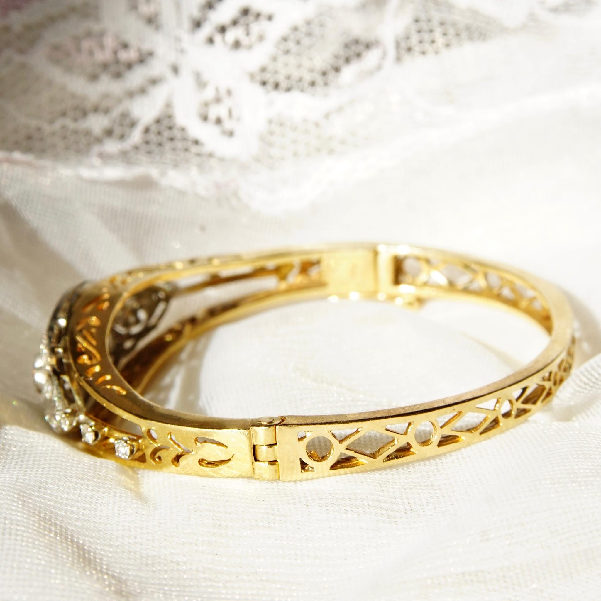 Women's Edwardian Diamond Cluster Bangle Bracelet In 14K Yellow Gold & Platinum For Sale
