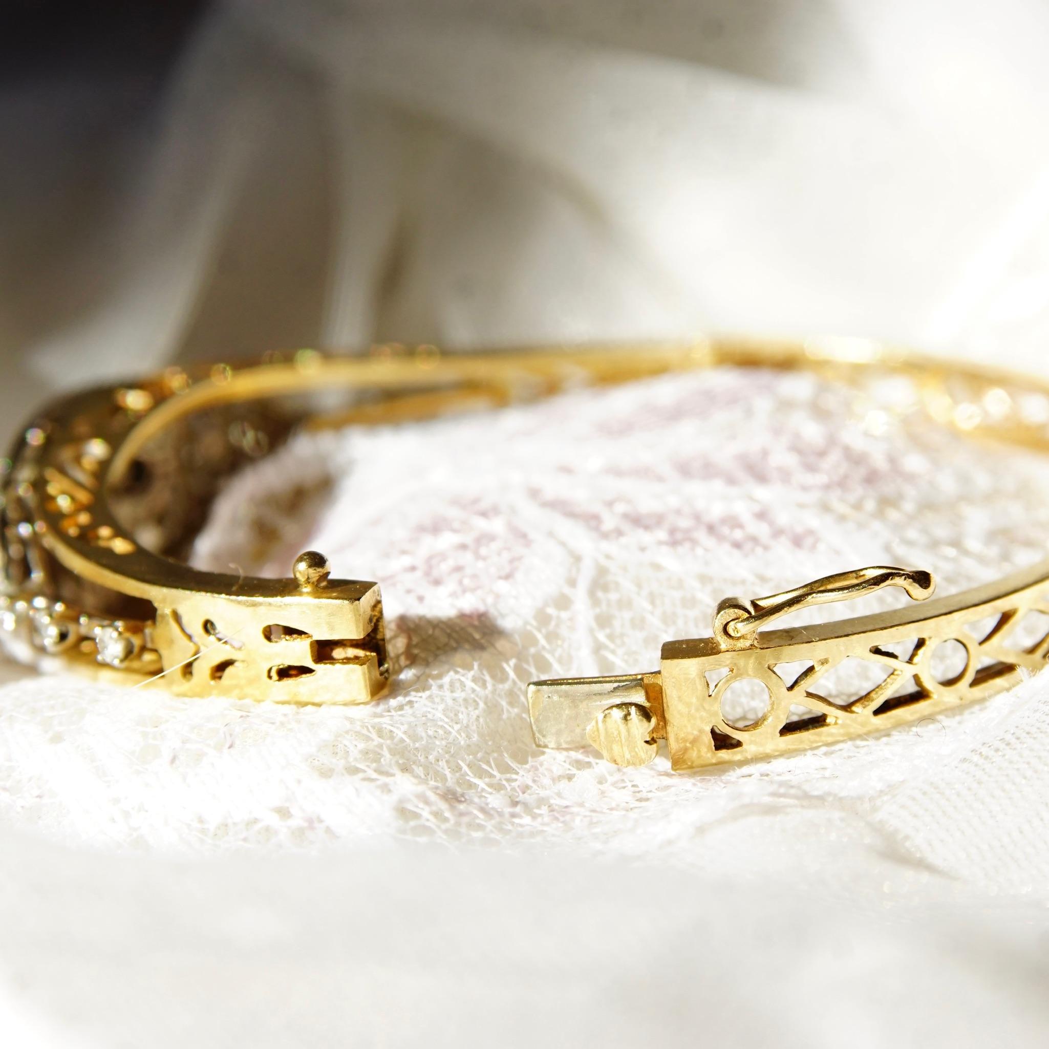 Edwardian Diamond Cluster Bangle Bracelet In 14K Yellow Gold & Platinum For Sale 1