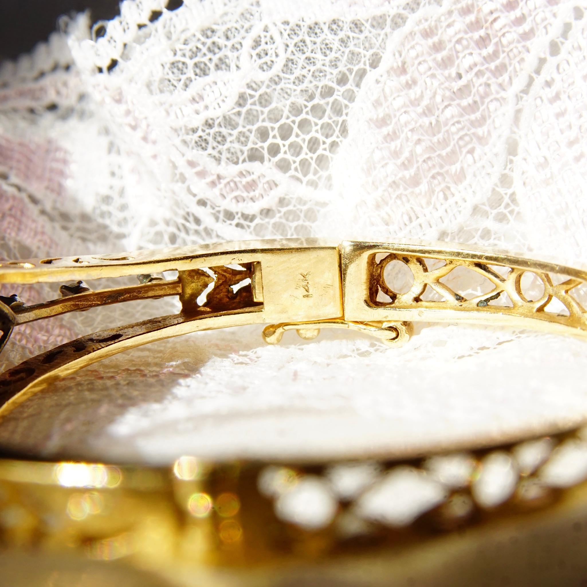 Edwardian Diamond Cluster Bangle Bracelet In 14K Yellow Gold & Platinum For Sale 3