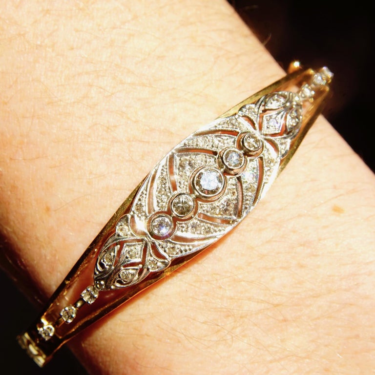 Edwardian Diamond Cluster Bangle Bracelet In 14K Yellow Gold and ...