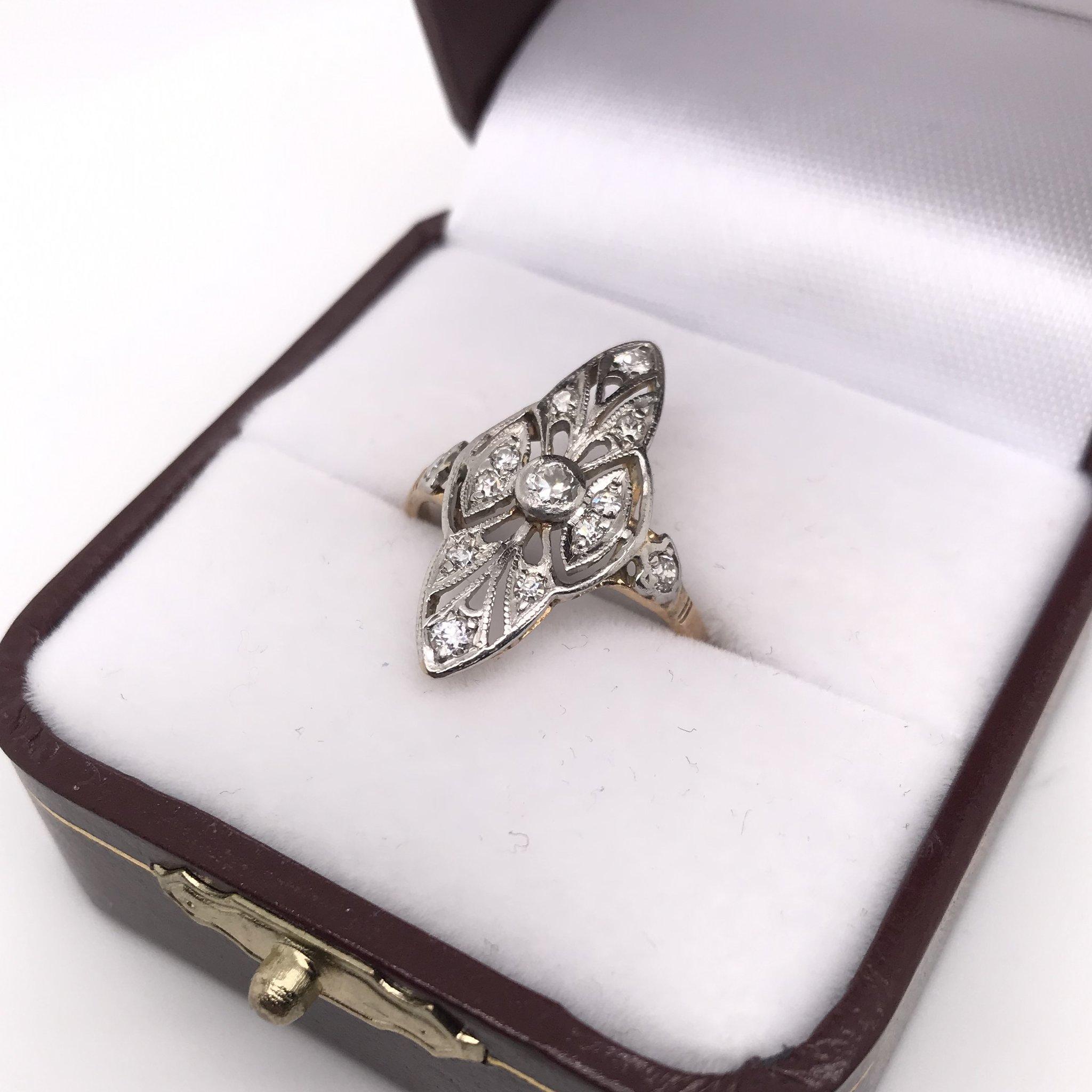 Edwardian Filigree Two-Toned Diamond Cocktail Ring In Good Condition In Montgomery, AL