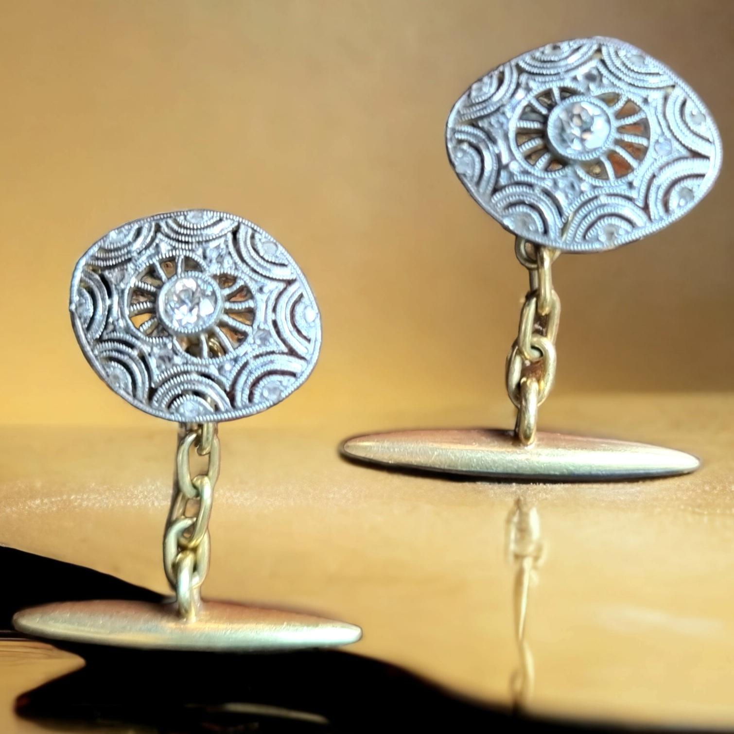 Old European Cut Edwardian Diamond Cufflinks in Platinum over 18 Karat Gold (Early 20th Century) For Sale