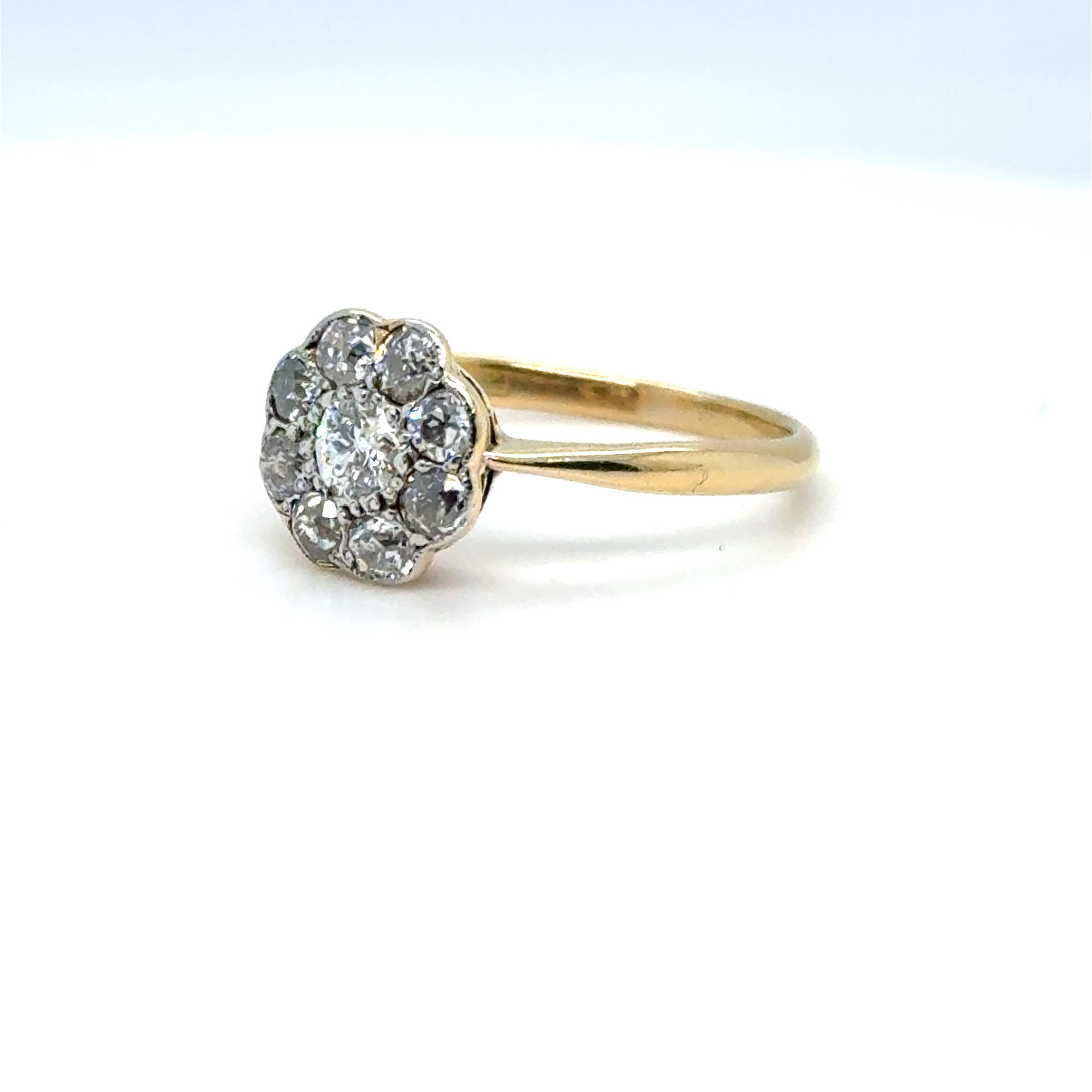 Bague grappe édouardienne marguerite en or jaune 18 carats et platine, circa 1920 en vente 7