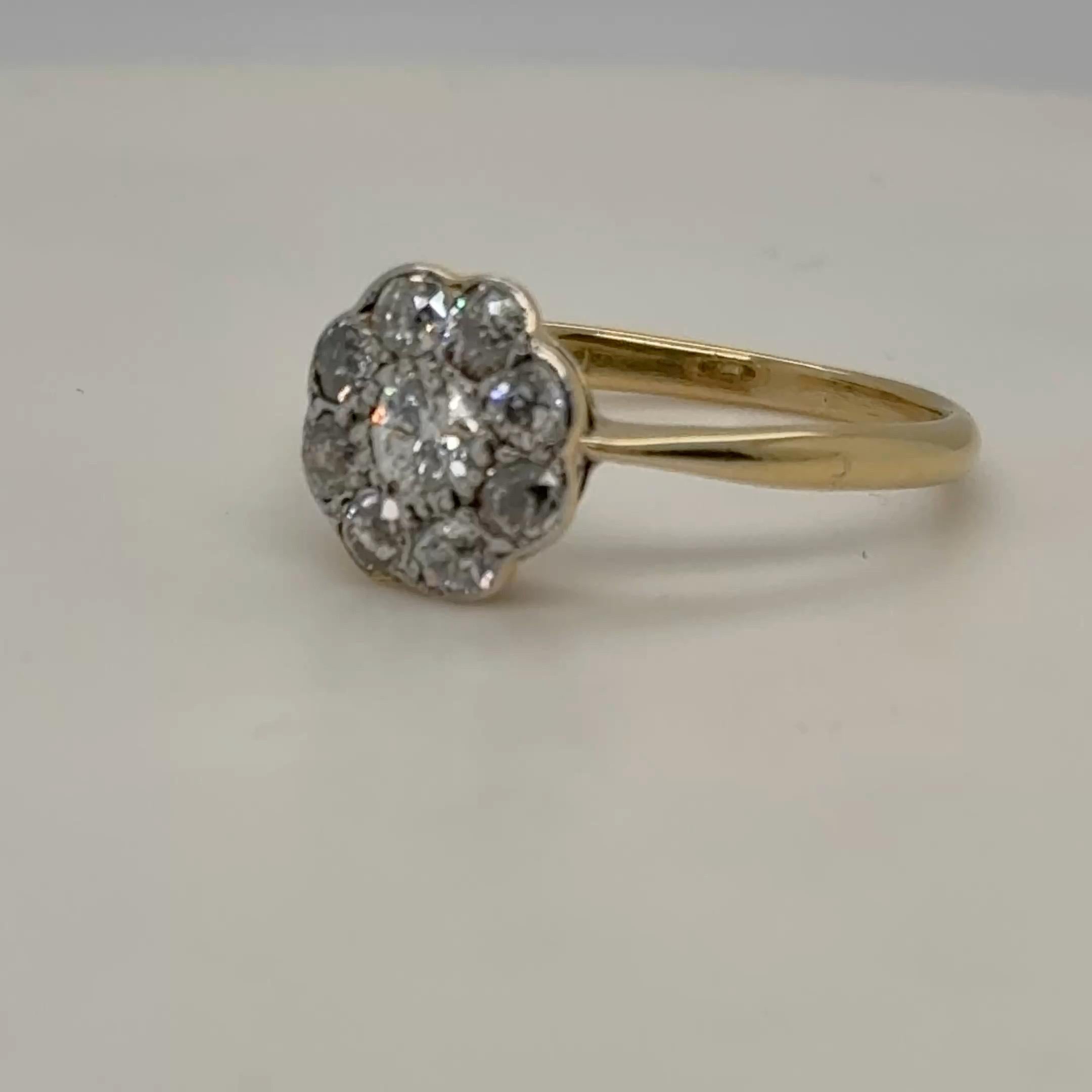 Bague grappe édouardienne marguerite en or jaune 18 carats et platine, circa 1920 en vente 11