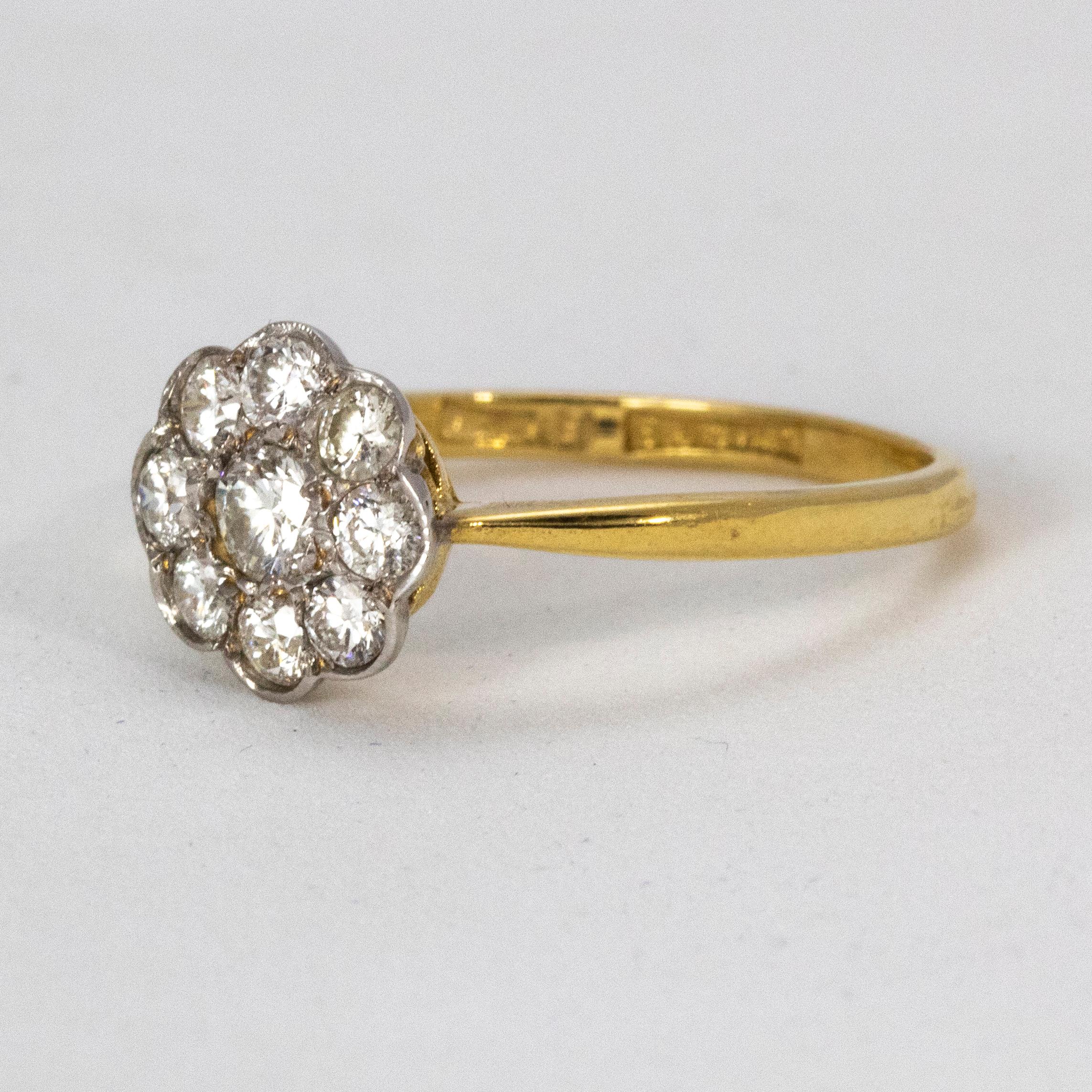 An Exquisite Diamond Daisy Cluster Ring in 18 Karat Yellow Gold. This ring was crafted in the Edwardian era circa 1915. Centrally set in this beautiful ring is a 0.25ct old European cut diamond, colour H and clarity SI 2, surrounded by a further