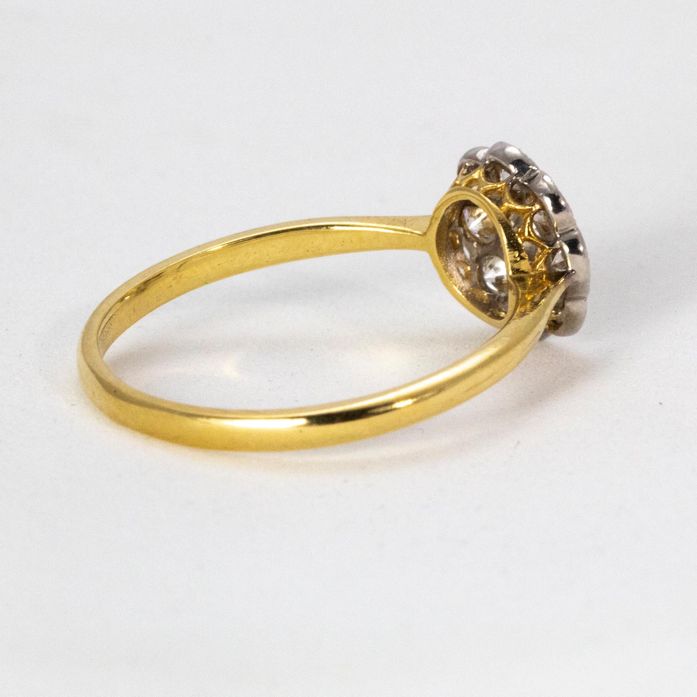 Old European Cut Edwardian Diamond Daisy Cluster Ring in 18 Karat Gold