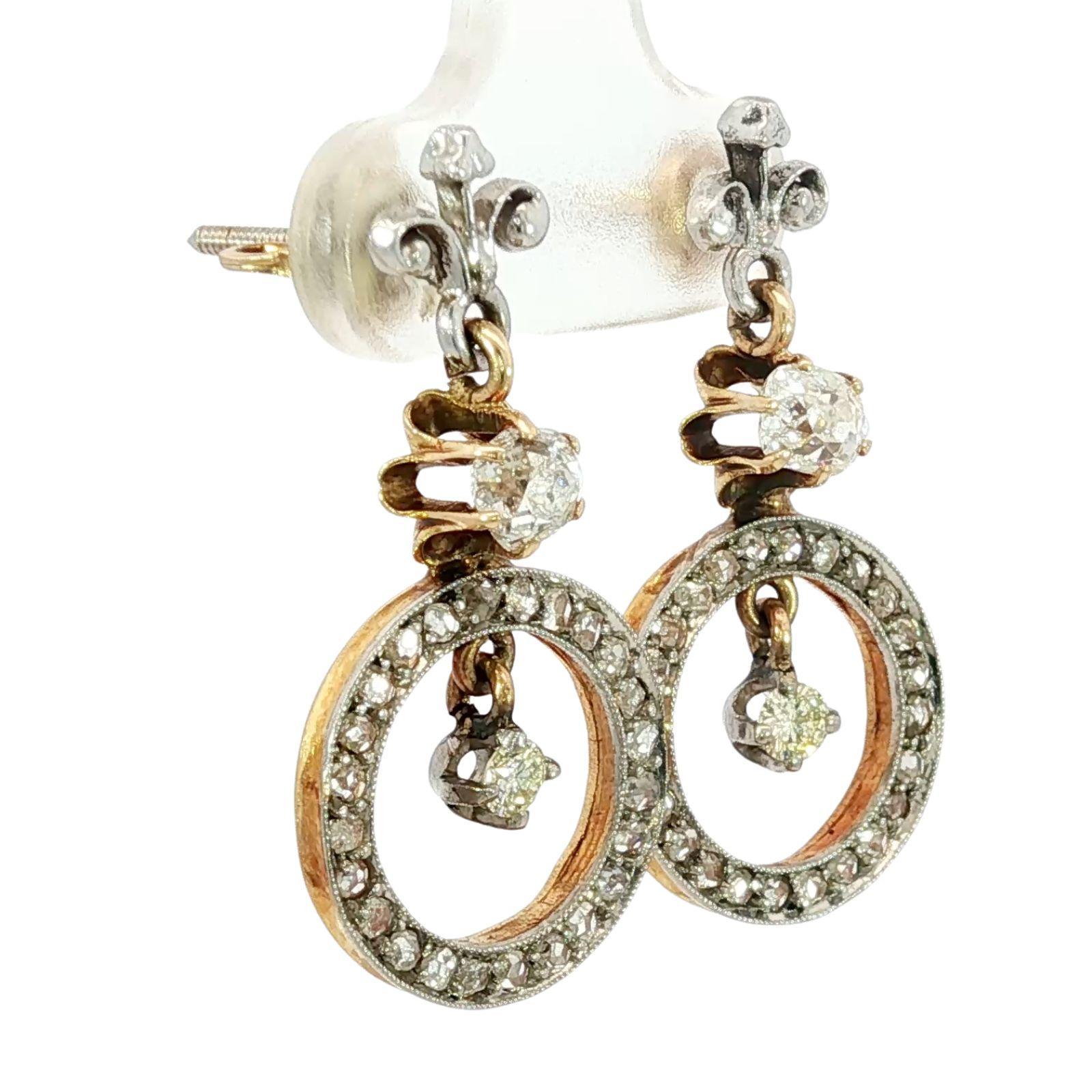 Taglio misto Orecchini con diamanti edoardiani con chiusura a vite in platino 15K ~1,13ctw in vendita