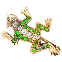 Edwardian Diamond Demantoid Garnet 14 Karat Gold Frog Brooch, circa 1900