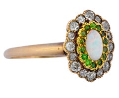 Edwardian Diamond Demantoid Garnet Opal 14 Karat Two-Tone Gold Cluster Ring