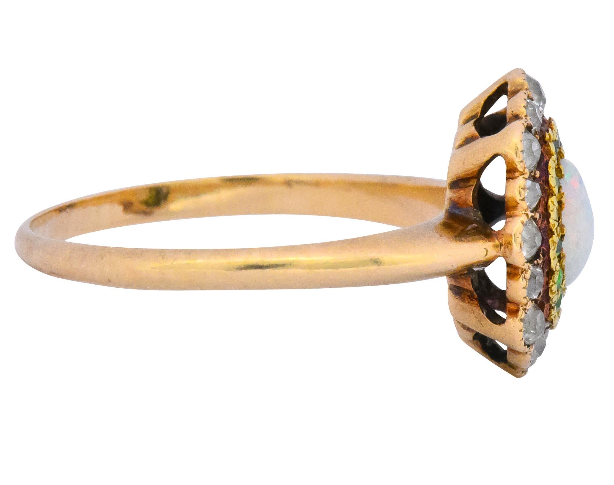 Victorian Edwardian Diamond Demantoid Garnet Opal 14 Karat Two-Tone Gold Cluster Ring