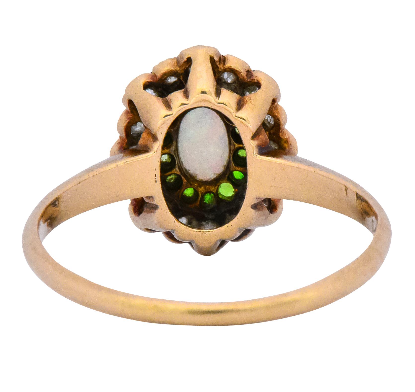 Oval Cut Edwardian Diamond Demantoid Garnet Opal 14 Karat Two-Tone Gold Cluster Ring