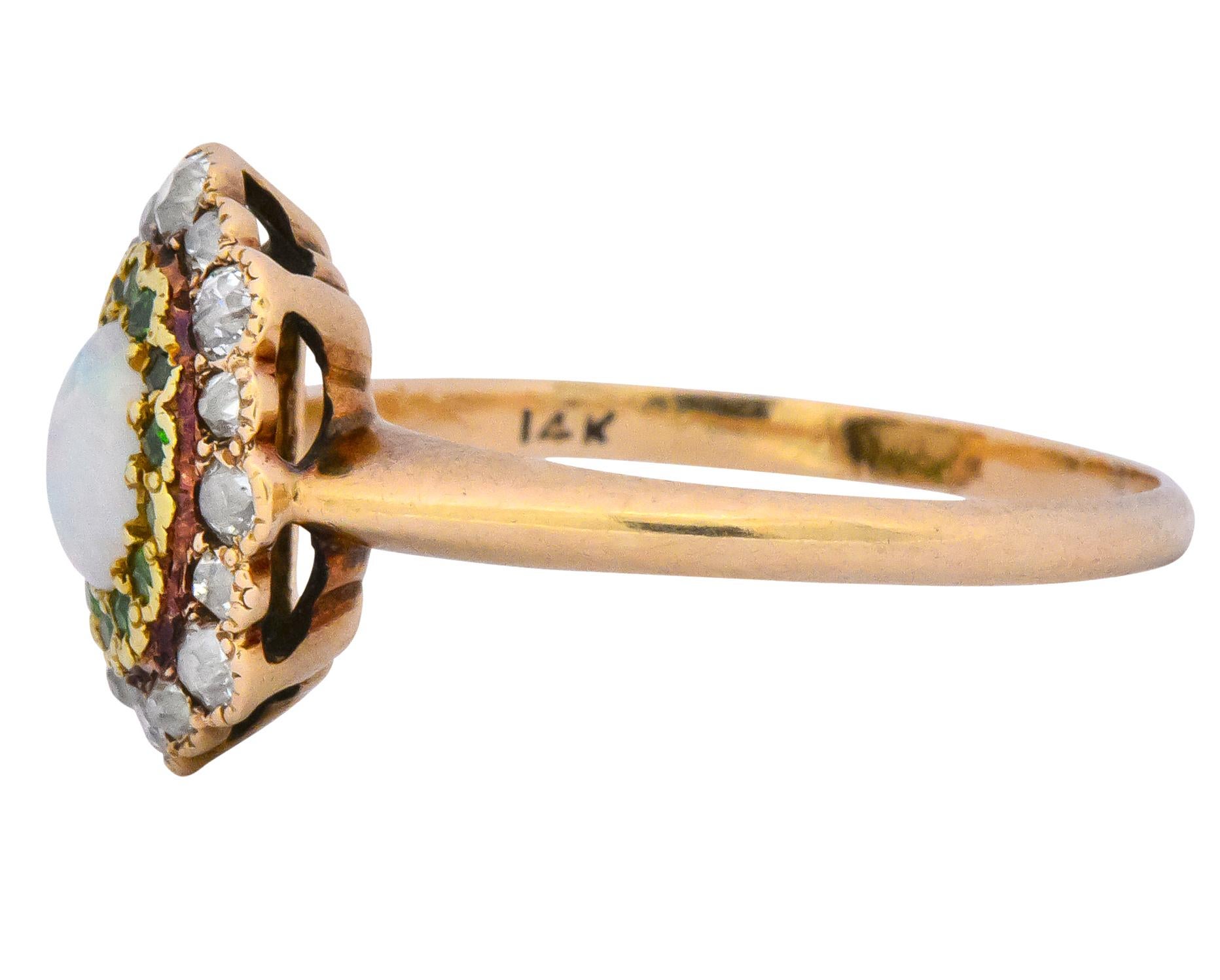 Edwardian Diamond Demantoid Garnet Opal 14 Karat Two-Tone Gold Cluster Ring In Excellent Condition In Philadelphia, PA