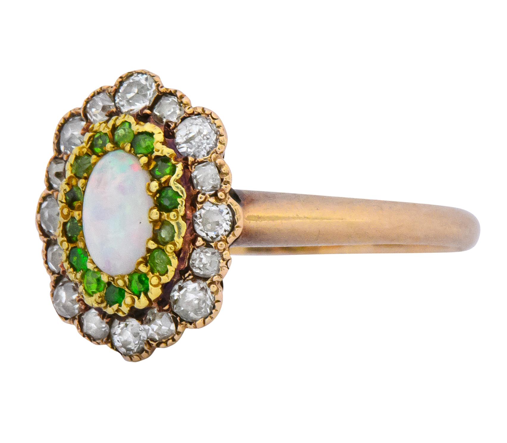Women's or Men's Edwardian Diamond Demantoid Garnet Opal 14 Karat Two-Tone Gold Cluster Ring