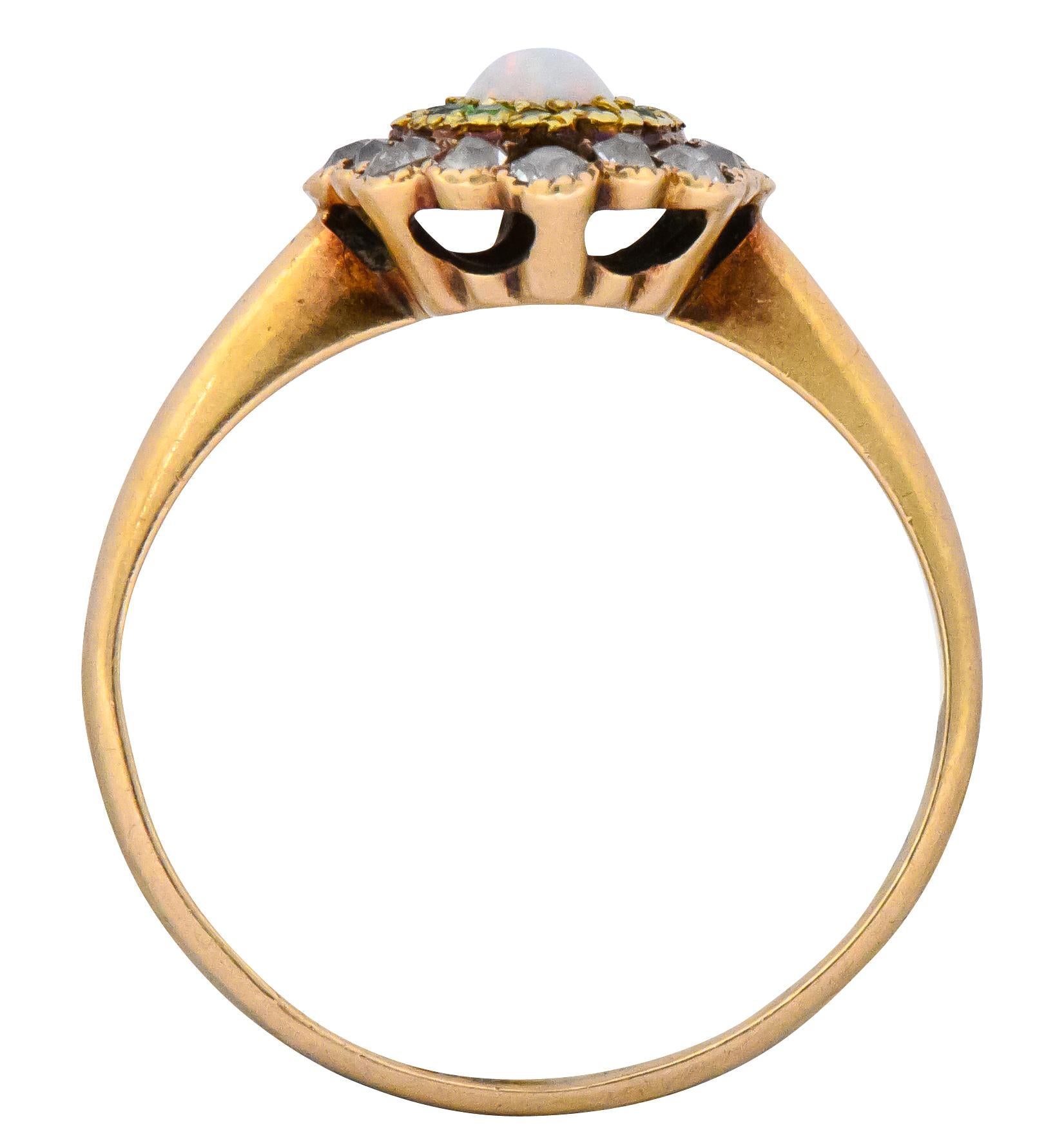 Edwardian Diamond Demantoid Garnet Opal 14 Karat Two-Tone Gold Cluster Ring 1