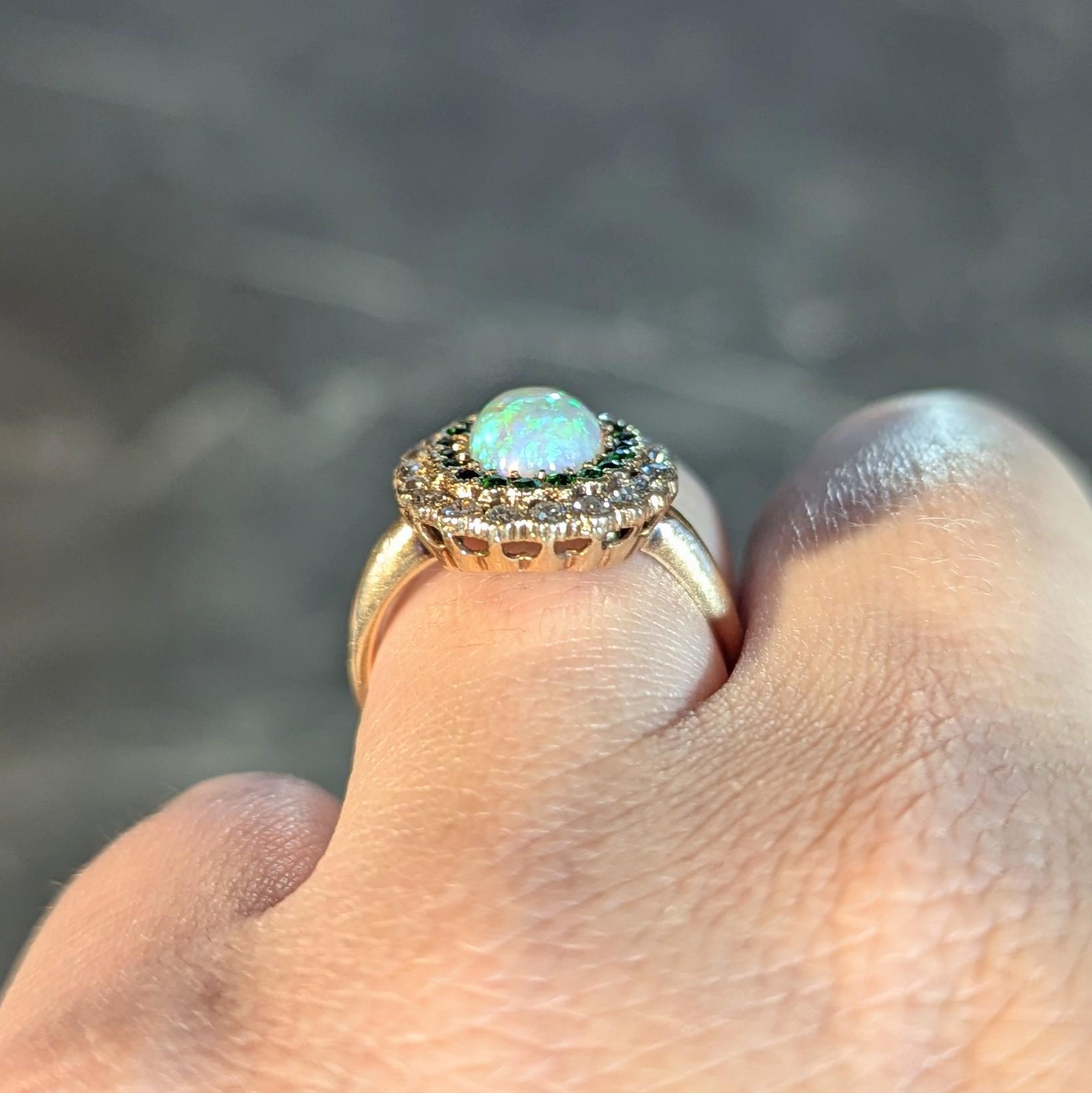 Edwardian Diamond Demantoid Garnet Opal 14 Karat Yellow Gold Antique Halo Ring For Sale 6