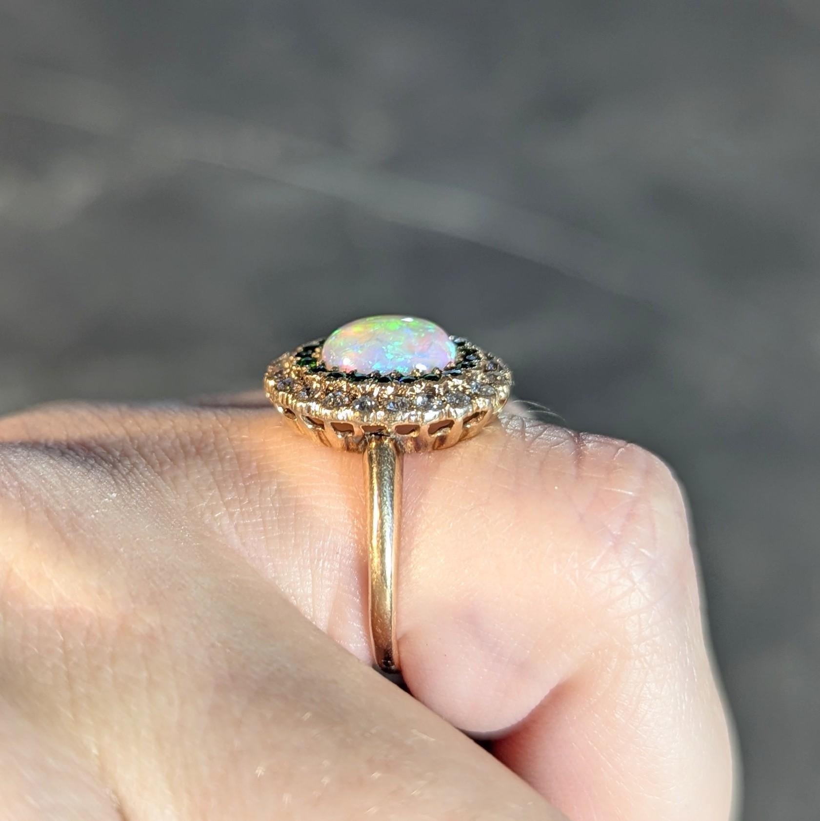 Edwardian Diamond Demantoid Garnet Opal 14 Karat Yellow Gold Antique Halo Ring For Sale 7