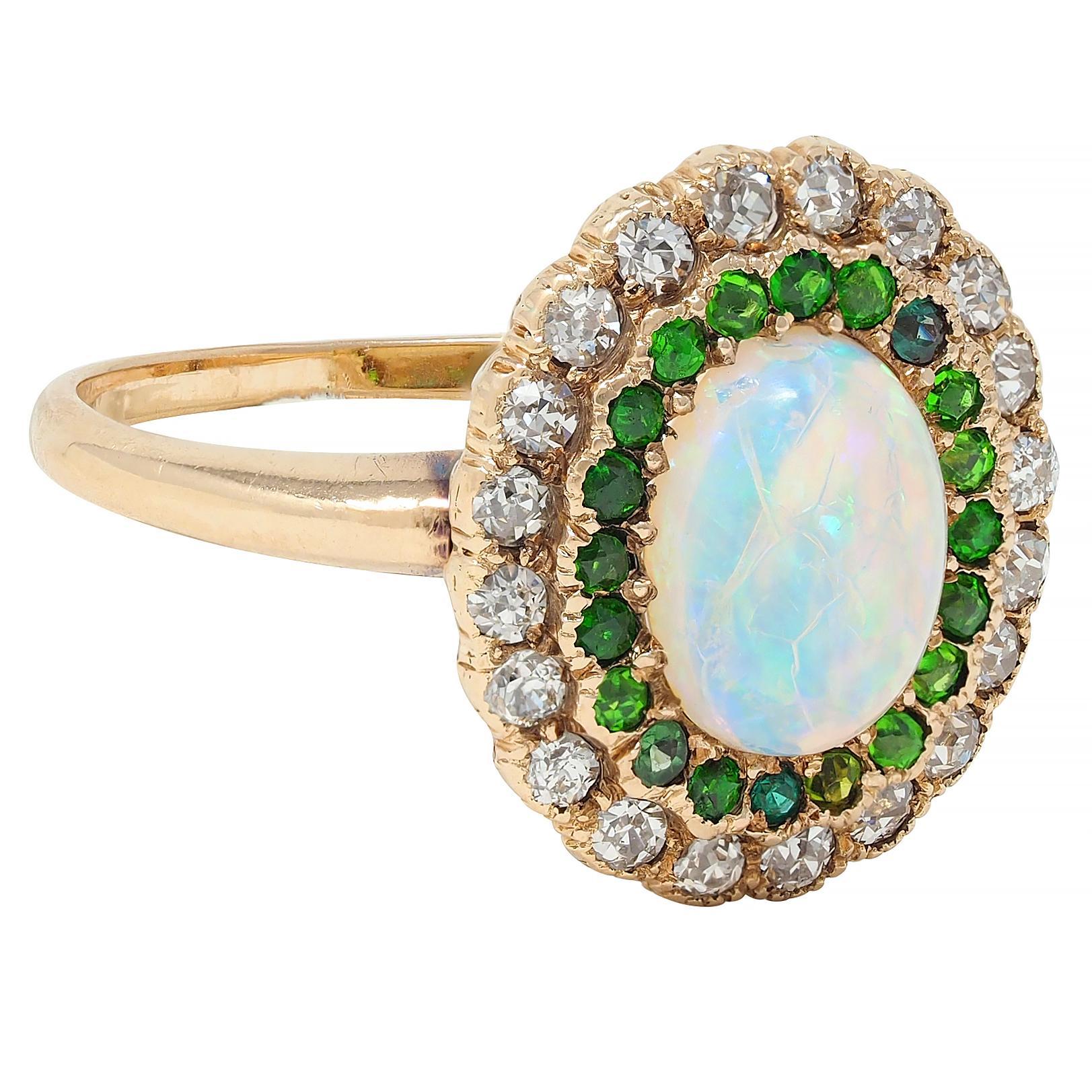 Cabochon Edwardian Diamond Demantoid Garnet Opal 14 Karat Yellow Gold Antique Halo Ring For Sale